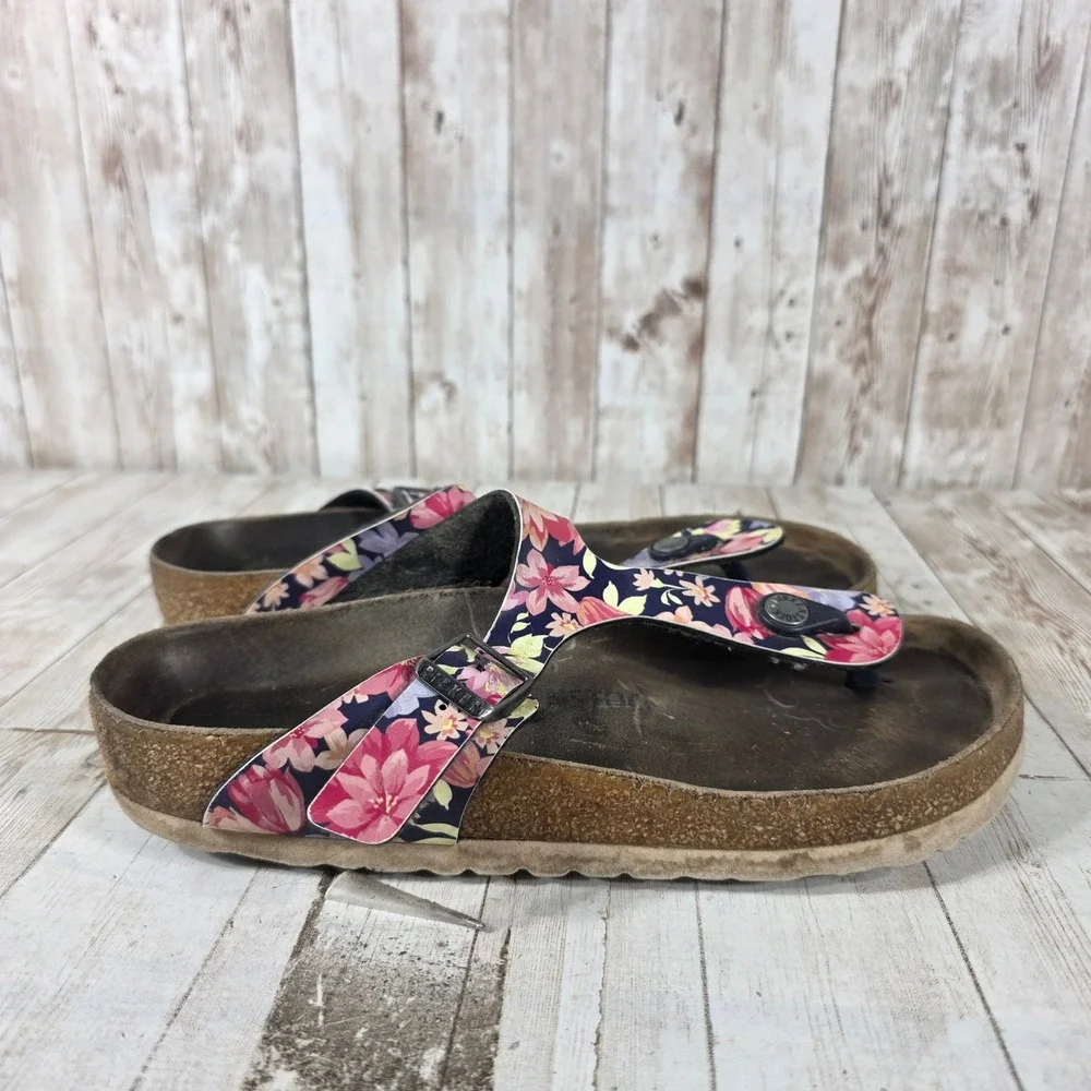 Birkenstock‎ Gizeh Floral Print Thong Sandals Navy Pink Women Shoes